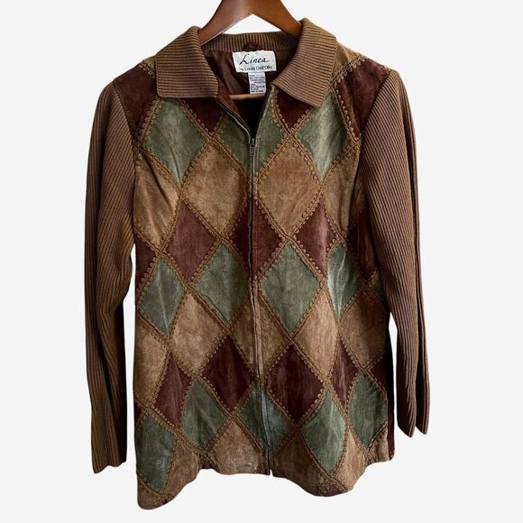 Jackets & Blazers - Argyle Patchwork Suede Jacket Women’s Boho Retro Earth Tone Zip Front Size Small